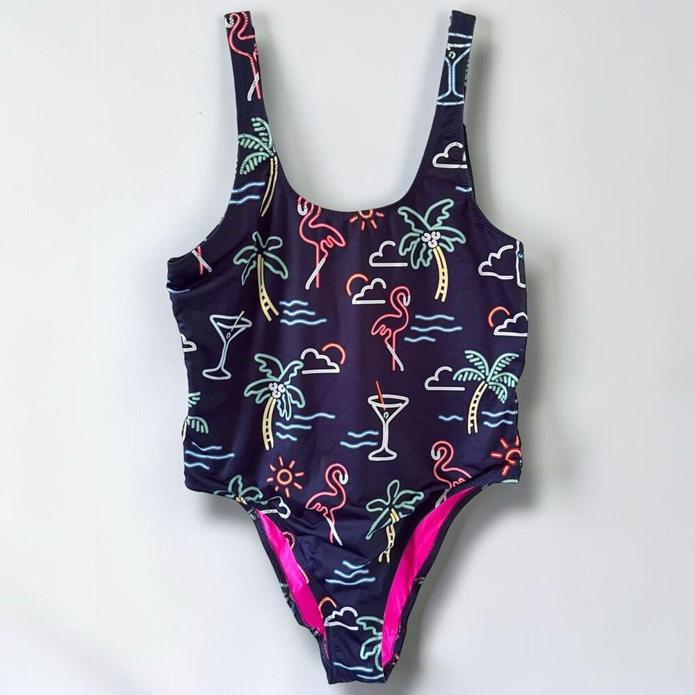 Chubbies Bathing Suit Womens M Medium CHEEKY Electric Avenue Neon One Piece Open